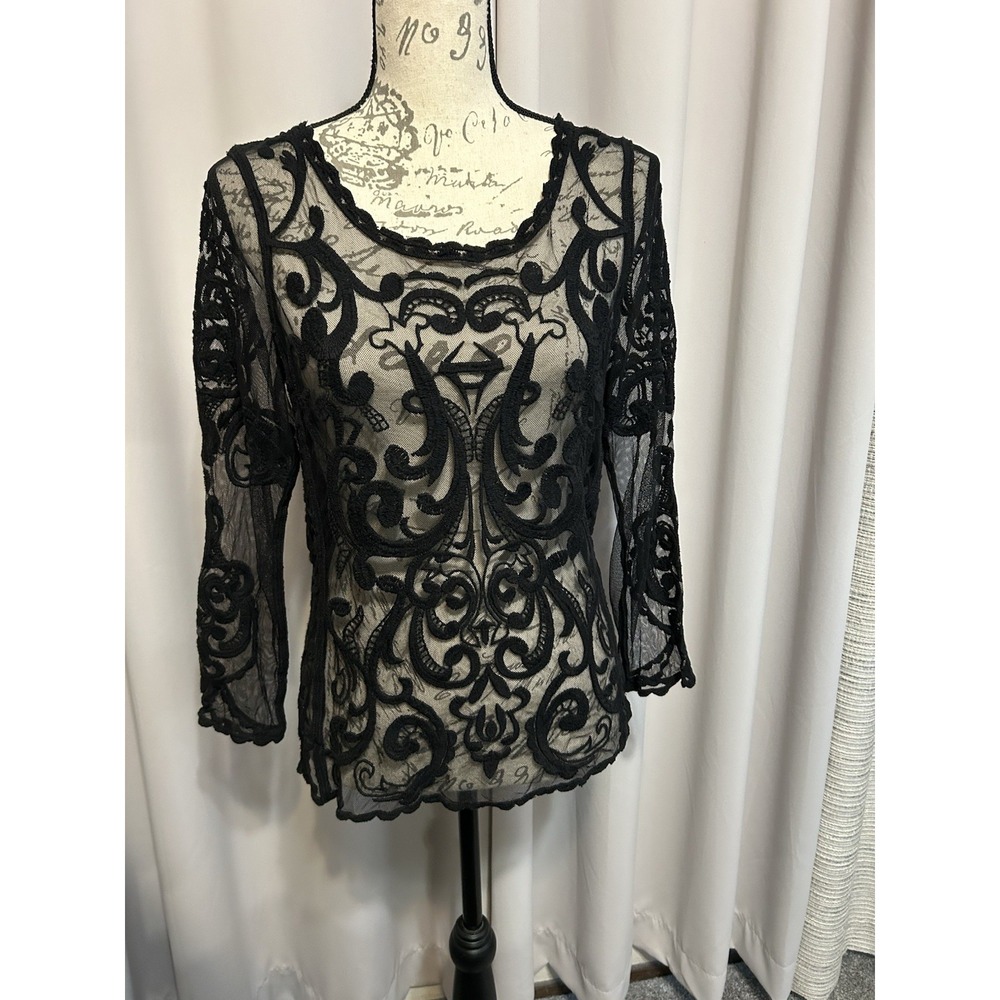 Express Black Sheer Lace Top XS Long Sleeve Whimsigoth Romantic Mesh Embroidered